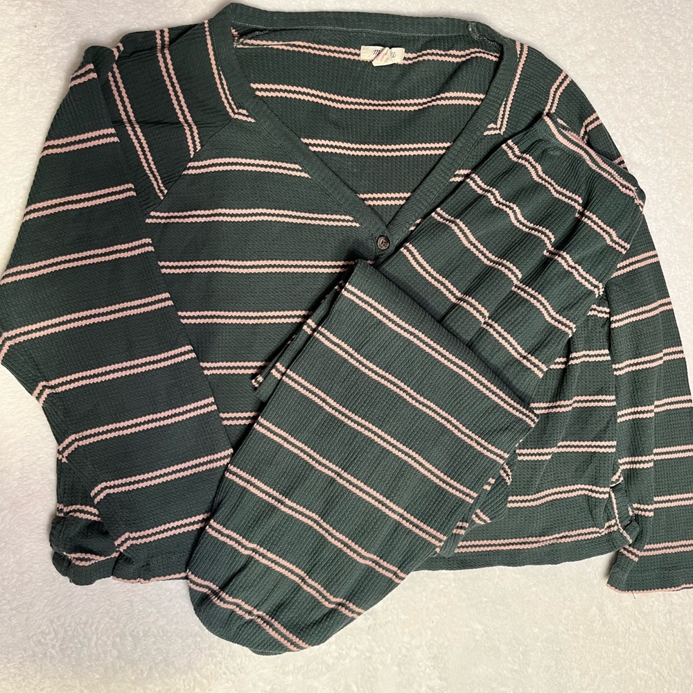 Madewell Pajama Set Green Pink Striped Knit Button Front Top L Pants M